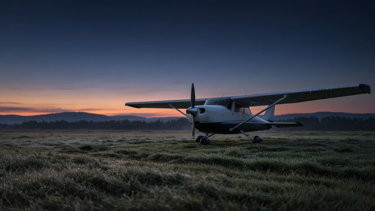 A light single-engine airplane on a grass strip at first light