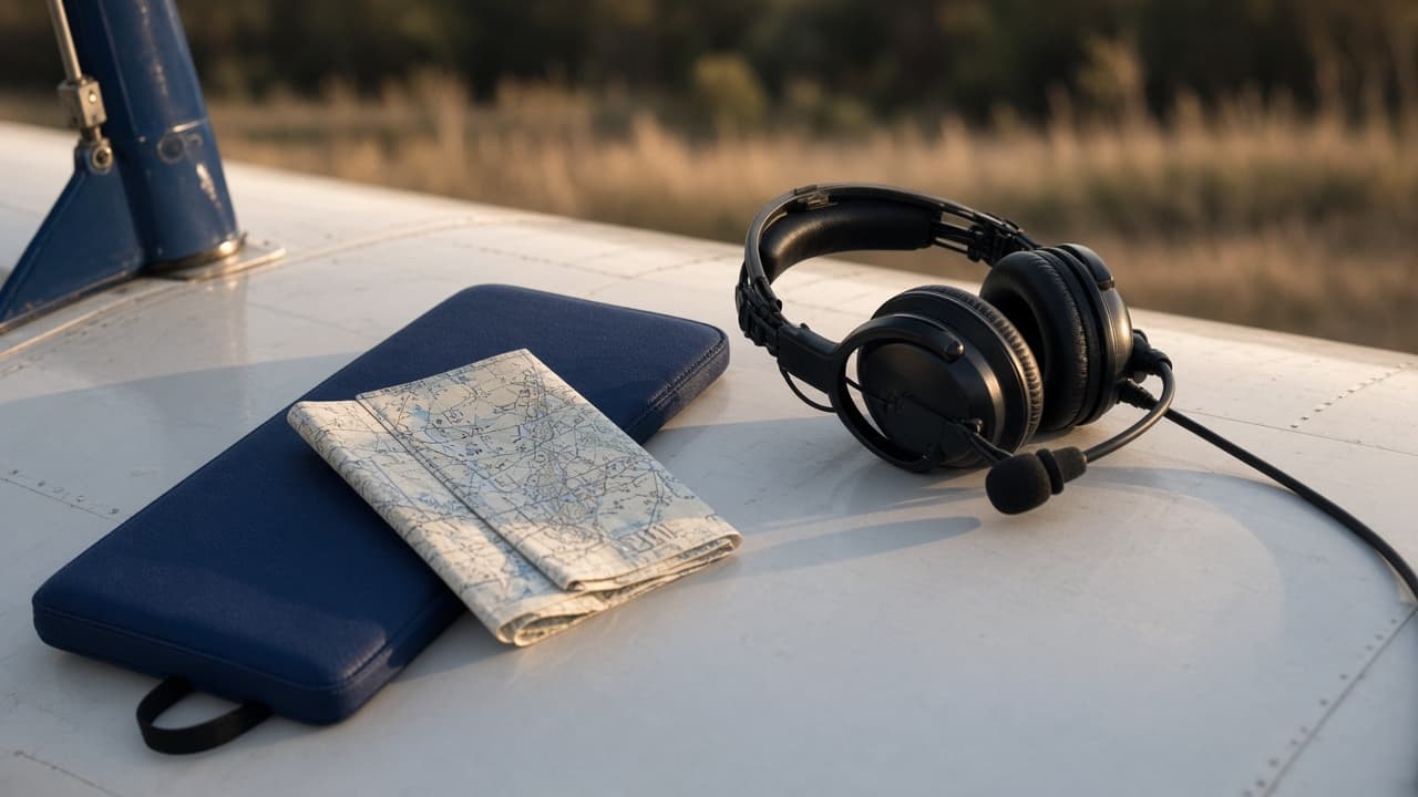 A headset, kneeboard, and chart resting on an airplane wing