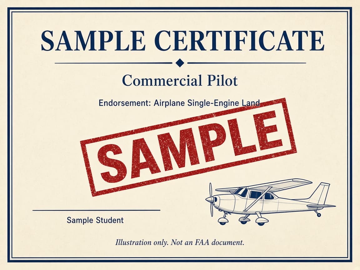 Sample commercial pilot certificate illustration, stamped SAMPLE, with the Airplane Single-Engine Land endorsement. Not a photograph of a person.