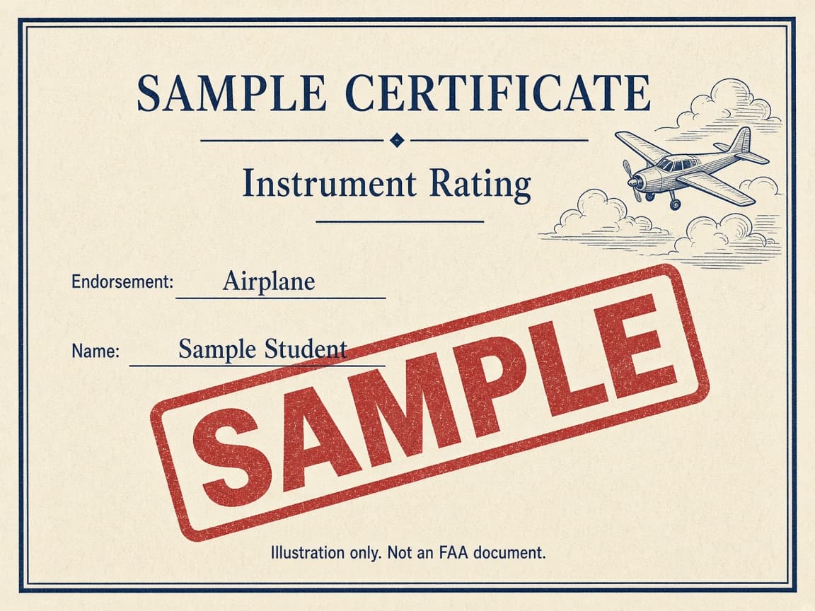 Sample instrument rating airplane certificate illustration, stamped SAMPLE, with the Airplane endorsement. Not a photograph of a person.