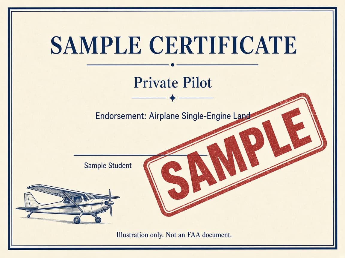 Sample private pilot certificate illustration, stamped SAMPLE, with the Airplane Single-Engine Land endorsement. Not a photograph of a person.
